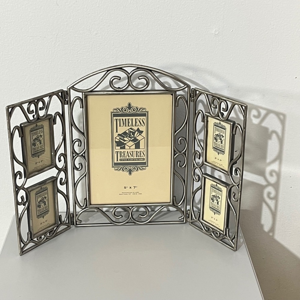 Timeless Treasures Silver Metal‎ Triptych Photo Frame 5x7 Center 2x3 Sides